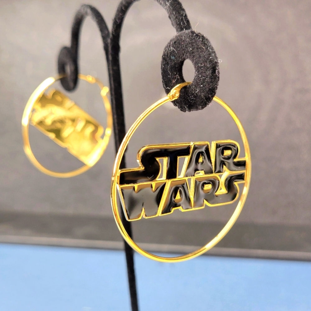 Star Wars Black Enamel Logo Gold Tone Large Hoop Earrings Nickel Free